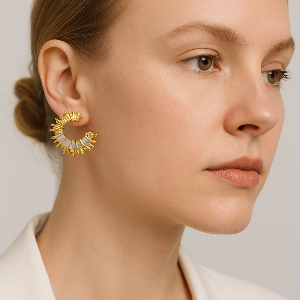 NEW 18K Gold Plated Sunburst Earrings - Statement Studs with Baguette Zircon